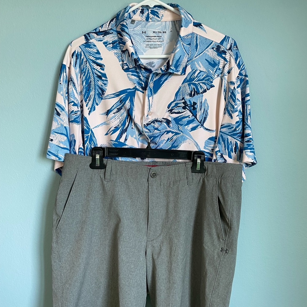 Under Armour Golf Playoff Floral Polo Shirt Mens Size XL and Gray Shorts Size 38